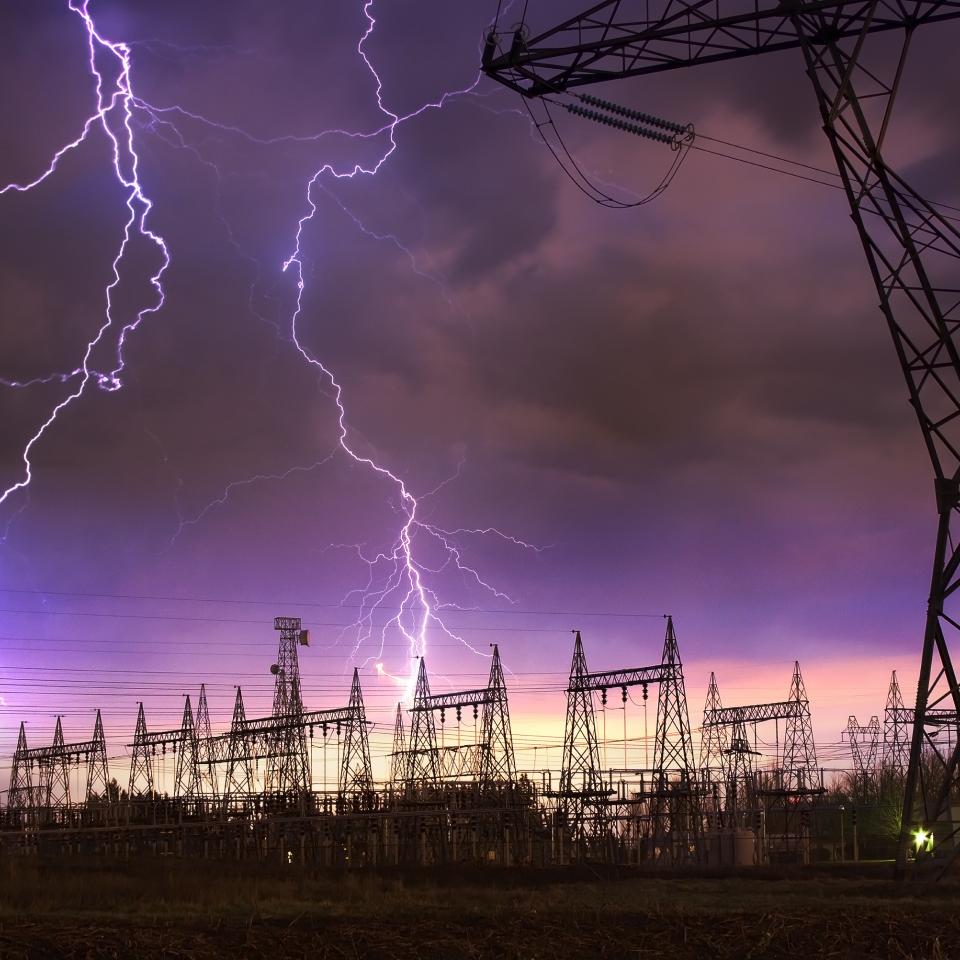 Damage inspections: Strong lightning near an electric power station.