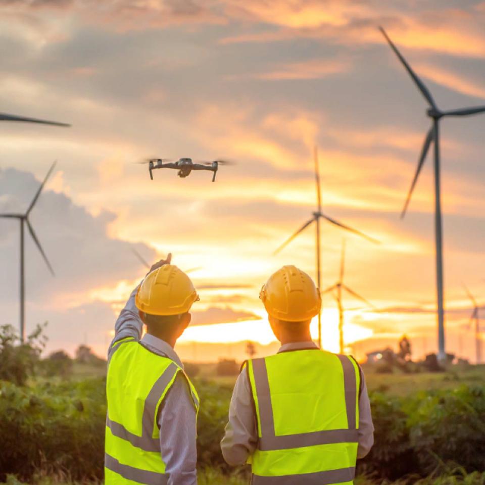 Vegetation encroachment: Drone flying over vegetation and wind energy towers in the background, in addition to two employees responsible for maintaining the equipment